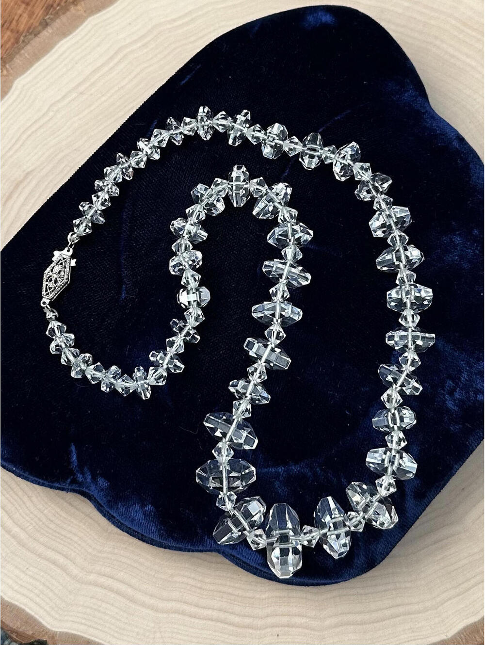 Art Deco Faceted Clear Glass Graduated Bead Necklace Sterling Silver Clasp 18"